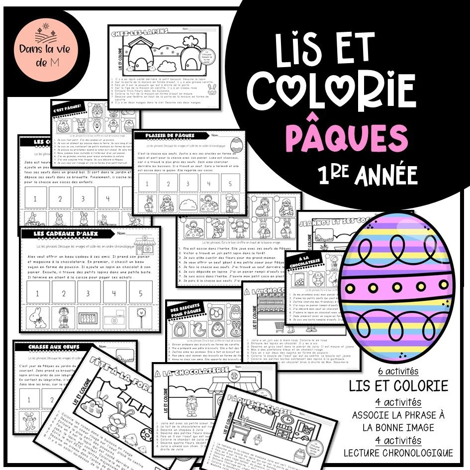 🌸🐣 Lis et colorie – Pâques | 1re année 🐣🌸