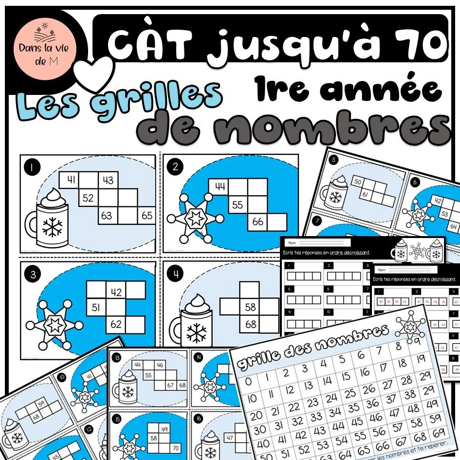 ❄️ CÀT – Les grilles de nombres (jusqu’à 70) 🔢☃️ 1re année • 20 cartes