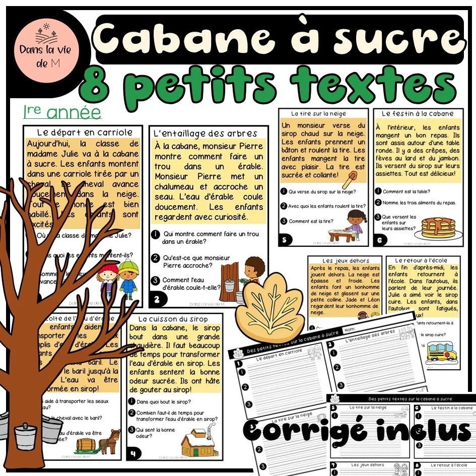 🍁🍯 8 adorables petits textes – Thématique Cabane à sucre 🍯🍁-1re année
