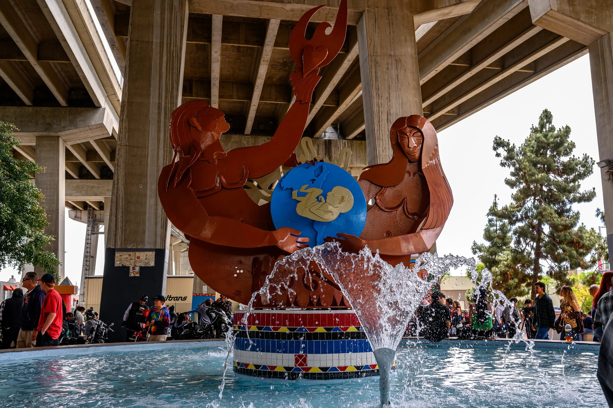 Chicano Park sculpture over water fountain