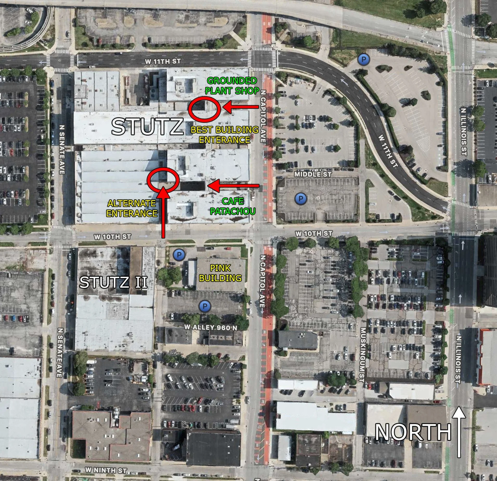 Aerial map of buildings  parking areas with annotations for entrances and streets. Key locations labeled include Stutz, Stutz II, a pink building, with marked entrances at Studio and Alternate, and streets W 10th St, N Capitol Ave, and others.