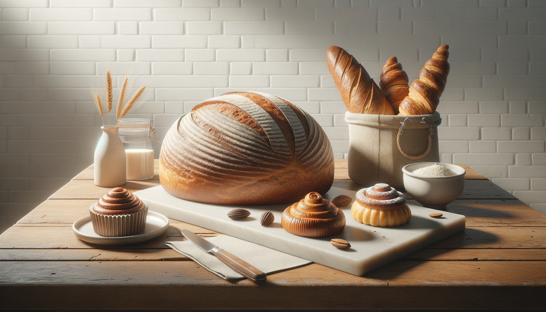 A loaf of bread, croissants, and muffins on a wooden table with a white brick wall background.