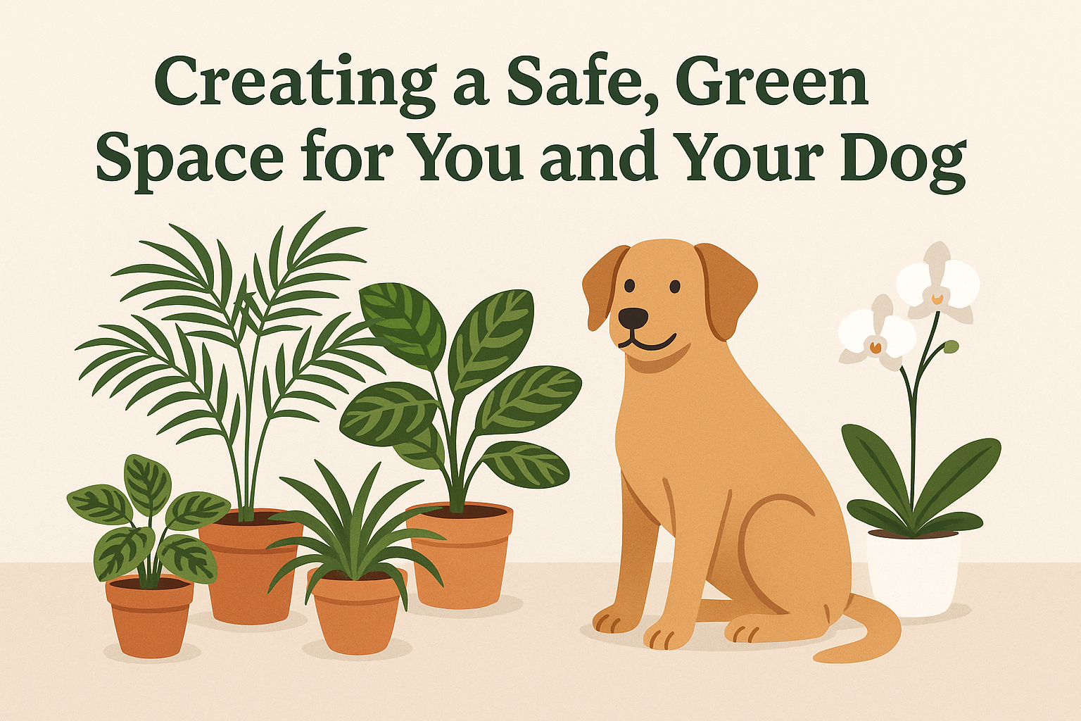 Illustration of potted plants, a dog, and flowers with text 'Creating a Safe, Green Space for You and Your Dog' at the top.