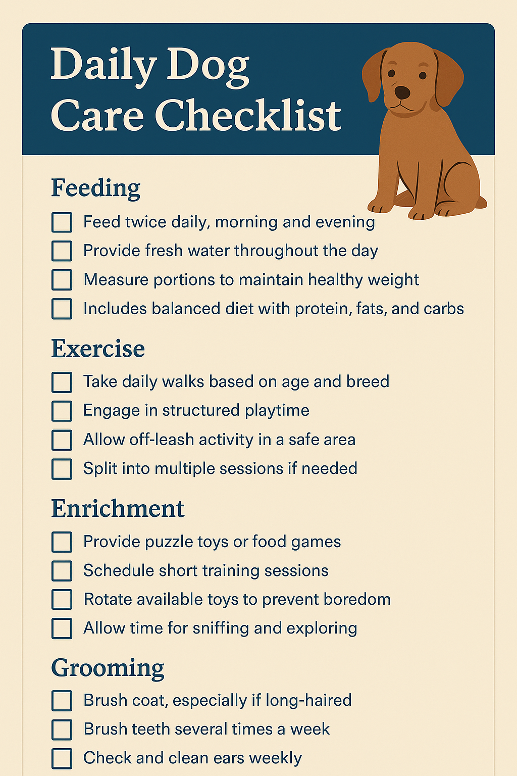 A daily dog care checklist with sections for feeding, exercise, enrichment, and grooming, featuring a cartoon image of a sitting brown puppy.