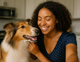 A woman with curly hair smiling happily while petting an adorable medium-sized dog in a cozy home.