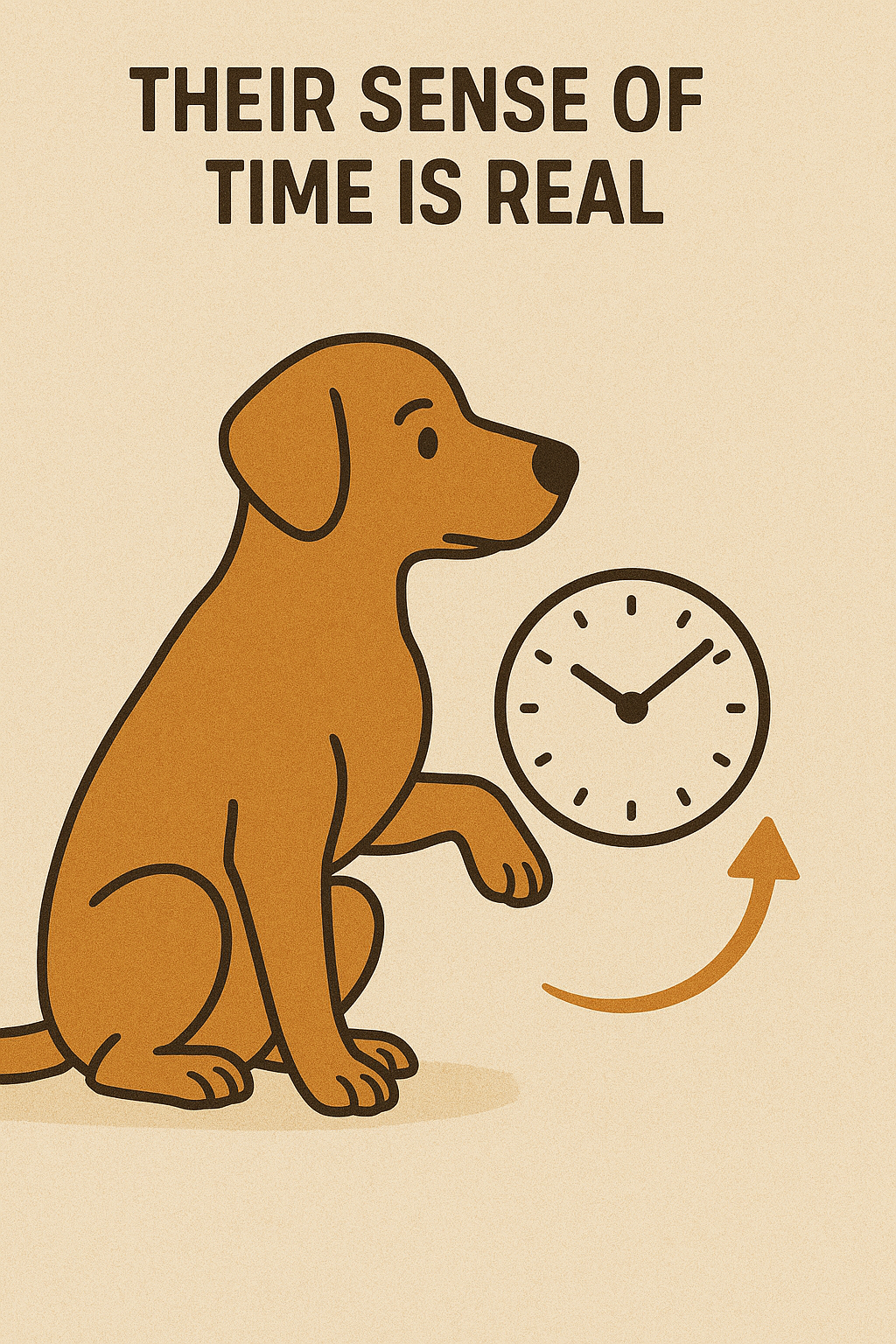 A cartoon dog with a clock showing the time and an arrow pointing to the clock, with the text "Their sense of time is real" at the top.