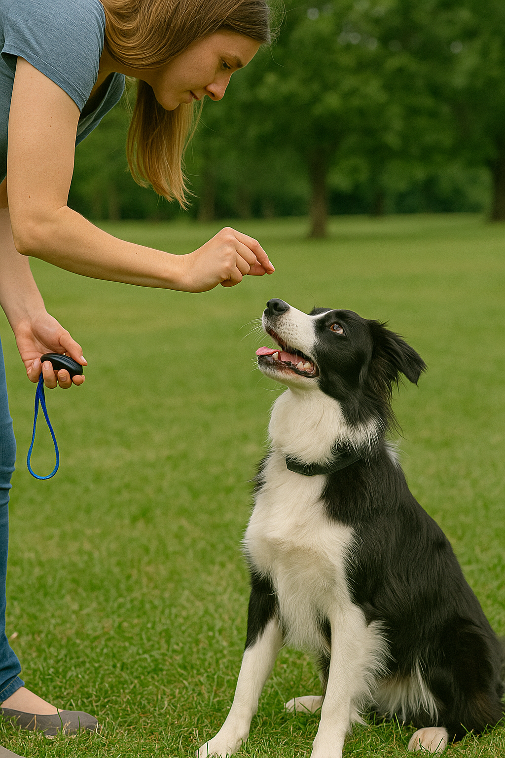 Timing is everything — this trainer uses a clicker and treat to capture the exact moment her Border Collie gets it right. One second too late, and the lesson is lost.