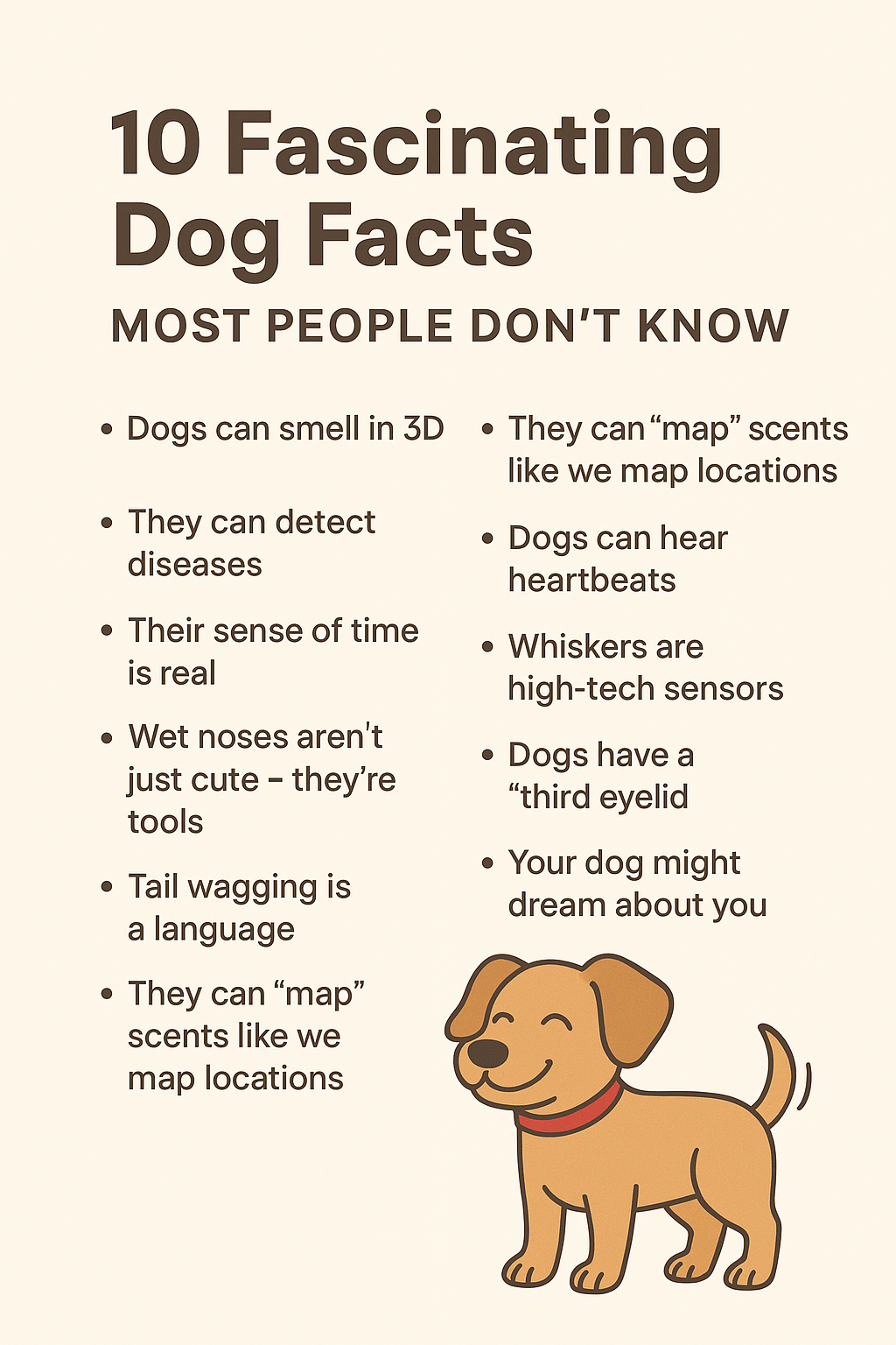 Infographic titled "10 Fascinating Dog Facts Most People Don’t Know" with a cartoon dog illustration. The facts include dogs' ability to smell in 3D, detect diseases, their sense of time, wet noses, tail wagging language, scent mapping, scent sensing, hearing heartbeats, high-tech whiskers, a third eyelid, and dogs dreaming.
