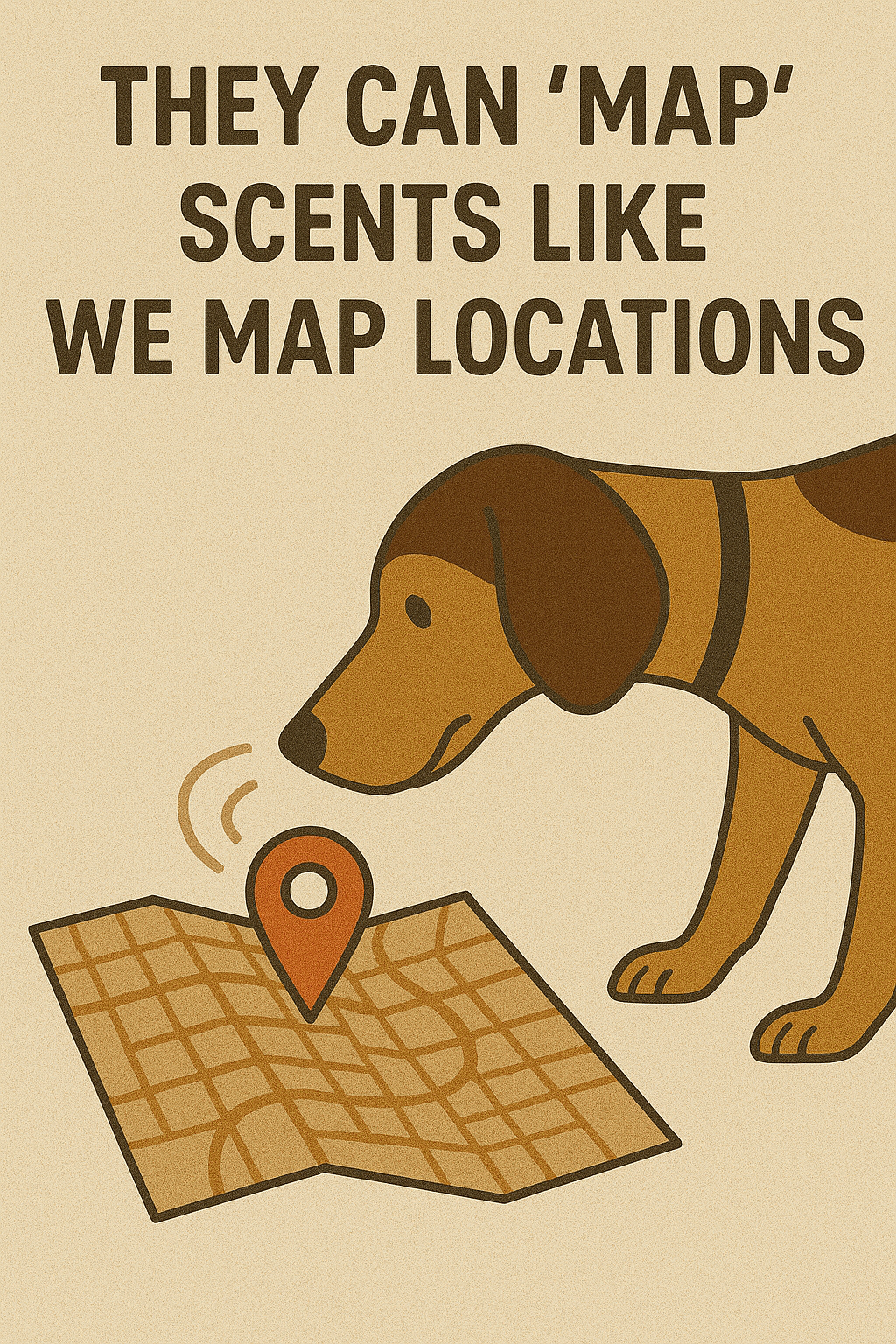 A dog looking at a map with a location pin, with a banner that reads, 'They can 'map' scents like we map locations.'
