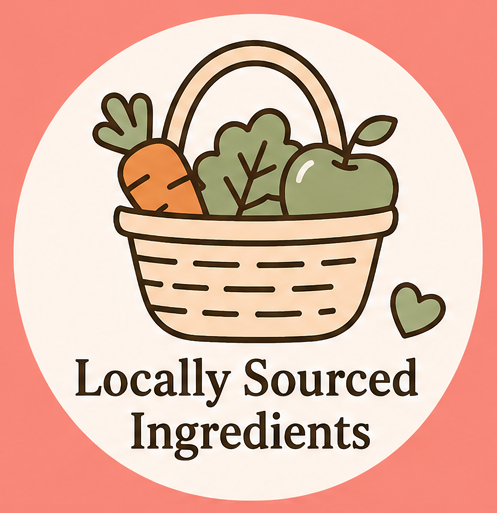 Illustration of a shopping basket with a carrot, leafy greens, and an apple, with a small heart next to it, and the text 'Locally Sourced Ingredients' underneath.