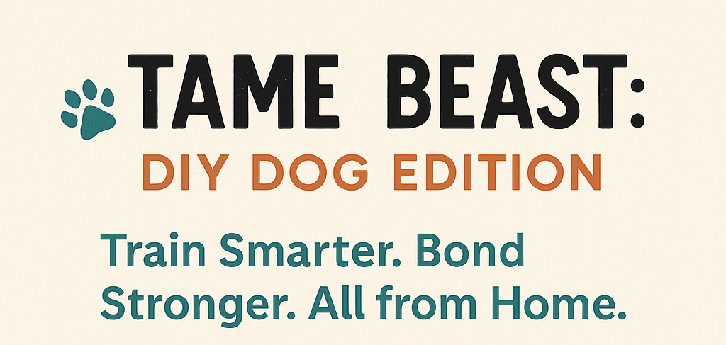 Text graphic titled "TAME BEAST: DIY DOG EDITION" with a paw print icon; below, text reads "Train Smarter. Bond Stronger. All from Home."