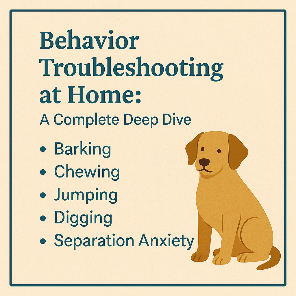 A book cover titled 'Behavior Troubleshooting at Home: A Complete Deep Dive,' featuring a cartoon illustration of a brown dog sitting.