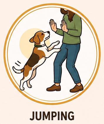 A person in green shirt and blue jeans jumping with a beagle dog inside a circular frame, demonstrating the action of jumping, labeled 'Jumping'.