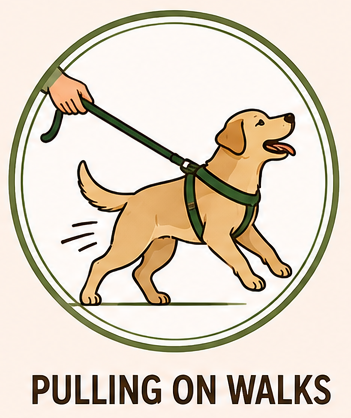 Illustration of a dog on a leash being pulled in a walking training exercise, with the text 'Pulling on Walks' underneath.