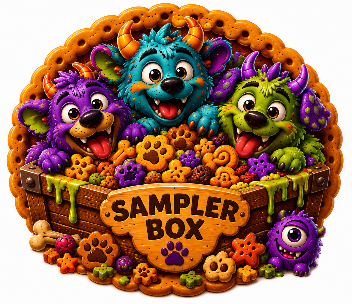 Colorful illustrated dog and monster characters surrounded by cookies in a basket, with a wooden sign reading 'SAMPLER BOX' and a green slime-like substance dripping from the basket rim.
