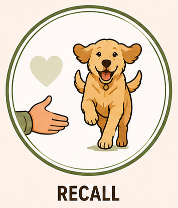 Cartoon illustration of a happy dog jumping as a person gives a high five, with a green heart in the background.