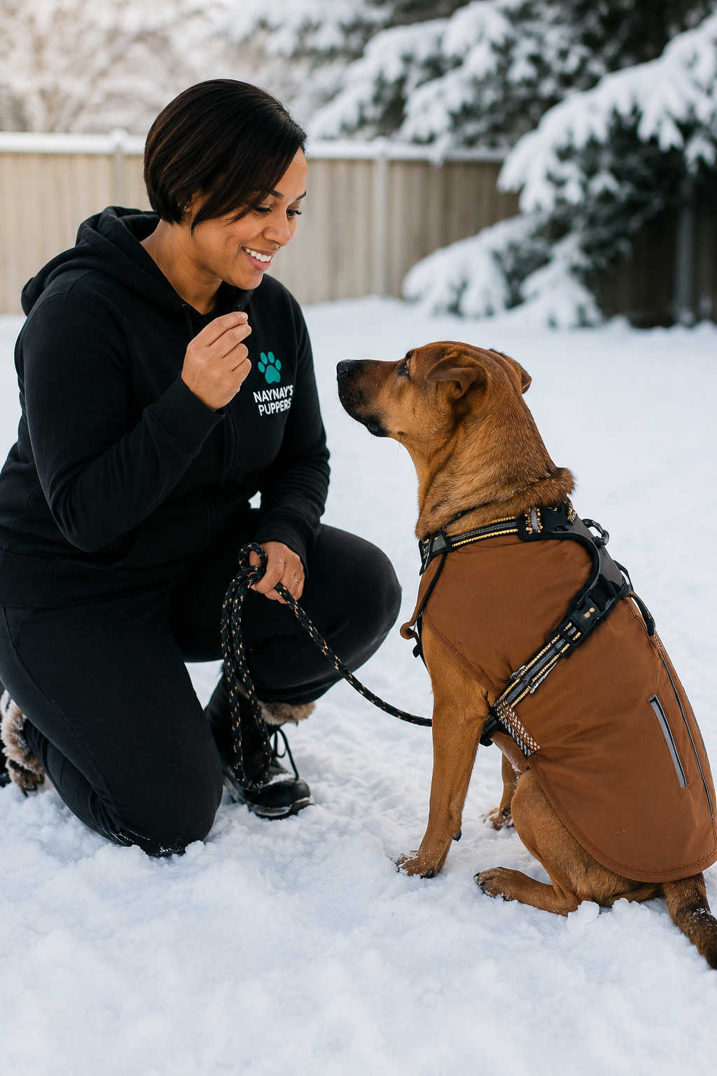 A woman kneeling in the snow, smiling at her service dog wearing a brown jacket and harness, with a snowy backyard in the background.