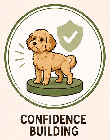 Cartoon illustration of a cute puppy standing on a green platform, surrounded by a circle with a shield and checkmark, with the text 'Confidence Building' beneath.