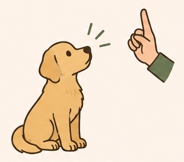 A cartoon illustration of a puppy sitting and looking at a person with their index finger raised.