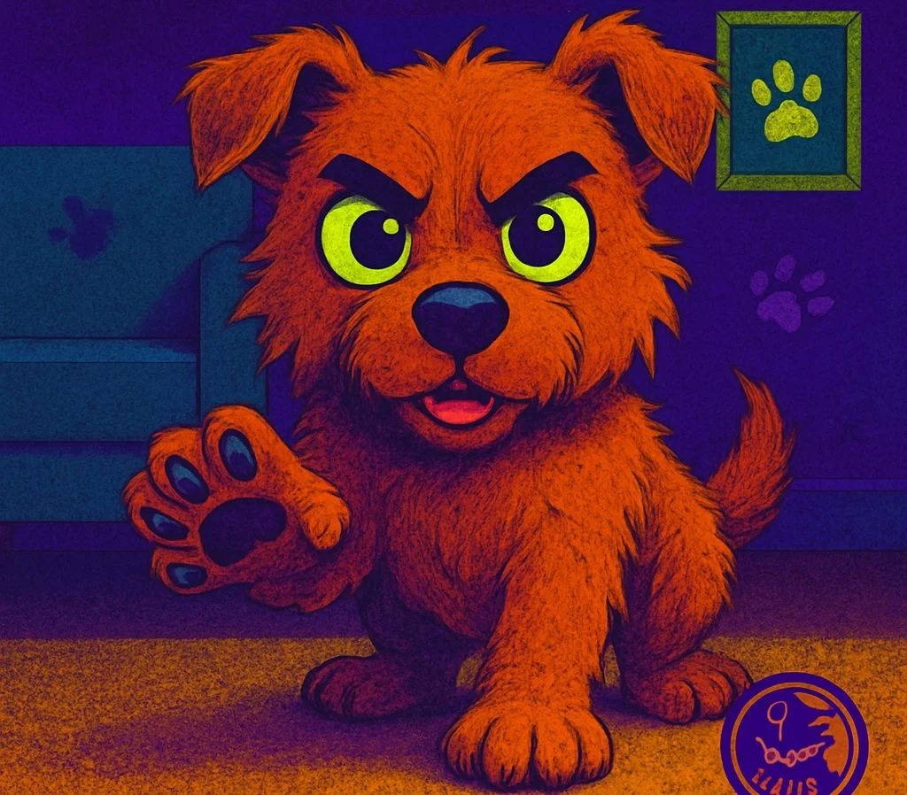 Animated illustration of a playful, cartoon-style brown dog with bright green eyes, raised paw, and a friendly expression, in a colorful room with a paw print picture on the wall.