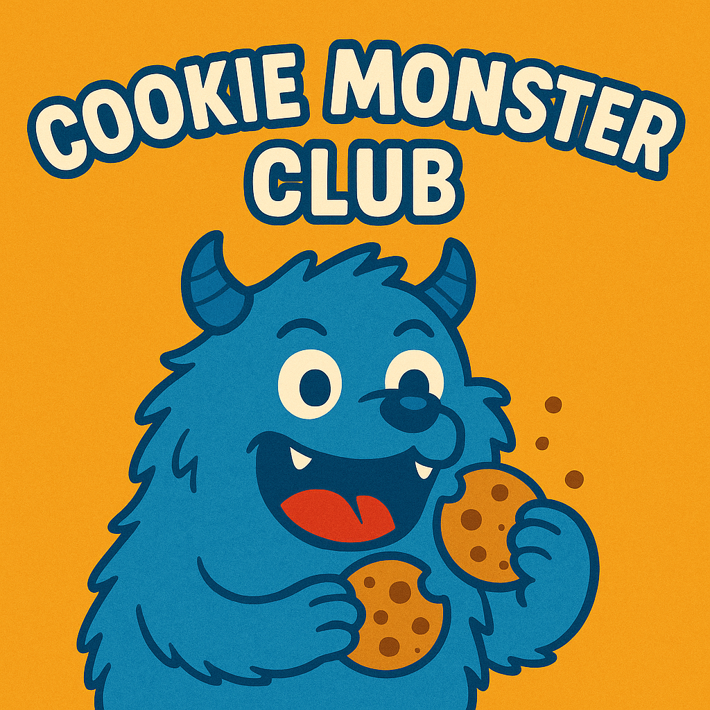 Colorful cartoon illustration of a blue monster holding and eating chocolate chip cookies with the text 'Cookie Monster Club' at the top.