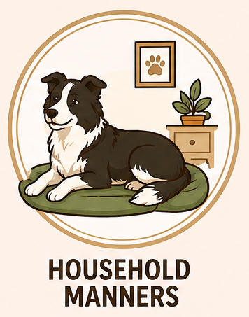 Illustration of a dog lying on a green mat inside a room with a framed paw print, a potted plant, and a small wooden dresser. Text reads 'Household Manners'.