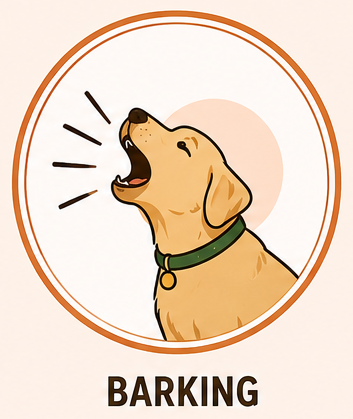 Illustration of a dog barking with the word 'BARKING' underneath, surrounded by a circular border.