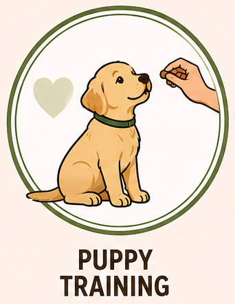 Illustration of a puppy being trained with a treat, next to a heart symbol, with the text 'Puppy Training' underneath.