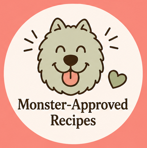 A cartoon illustration of a happy dog with a pink tongue, surrounded by lines indicating excitement, along with a small heart symbol. Text reads 'Monster-Approved Recipes' on a pink background.