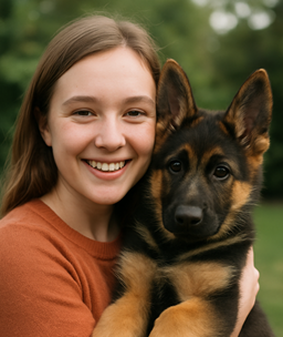 A young woman smiling and holding a German Shepherd puppy outdoors with a blurred green background.