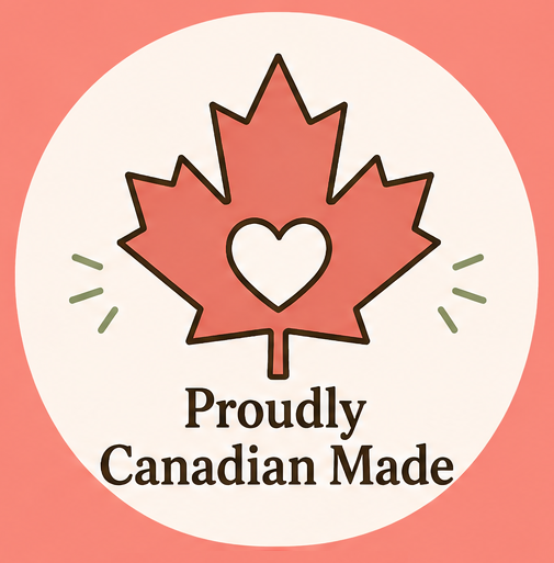 A pink maple leaf with a heart in the center, surrounded by the words 'Proudly Canadian Made' on a white background.
