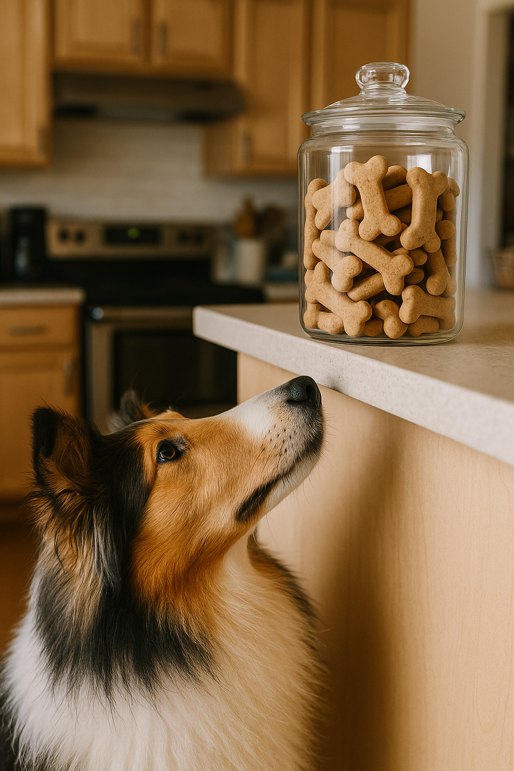 A Rottweiler dog looking up at a jar of dog bones on a kitchen counter.