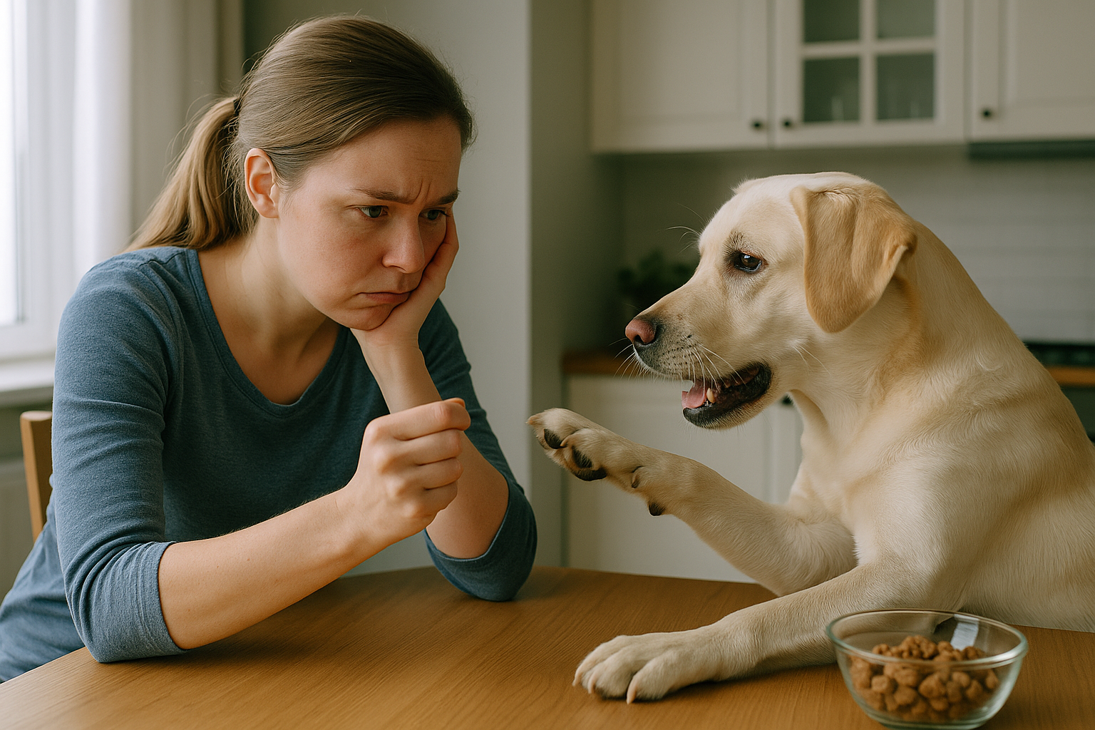 Frustration sets in as the dog keeps pawing for a treat — a reminder that breaking habits through extinction takes consistency, repetition, and serious patience.