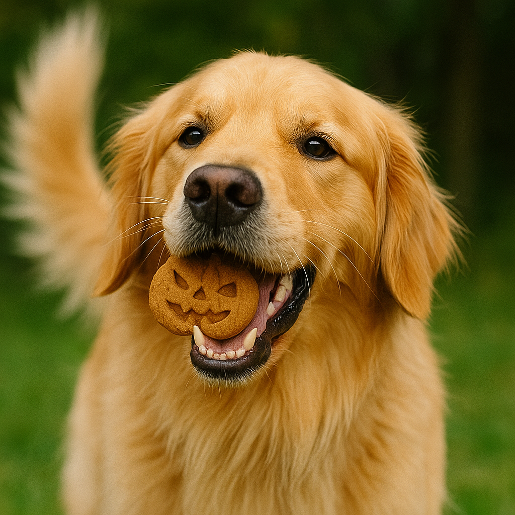 Golden retriever dog holding a Halloween-themed cookie in its mouth.