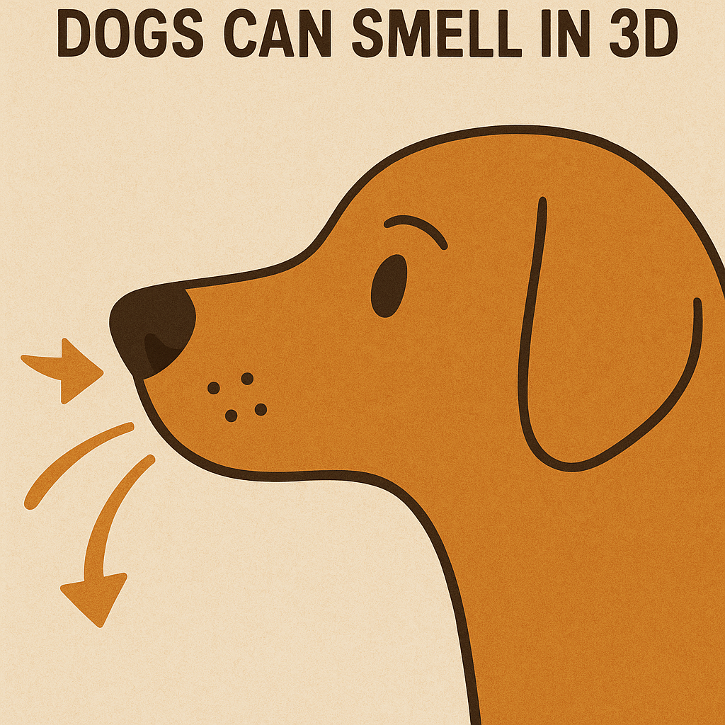 A cartoon illustration of a dog with text stating dogs can smell in 3D, showing the dog's nose with scent arrows.
