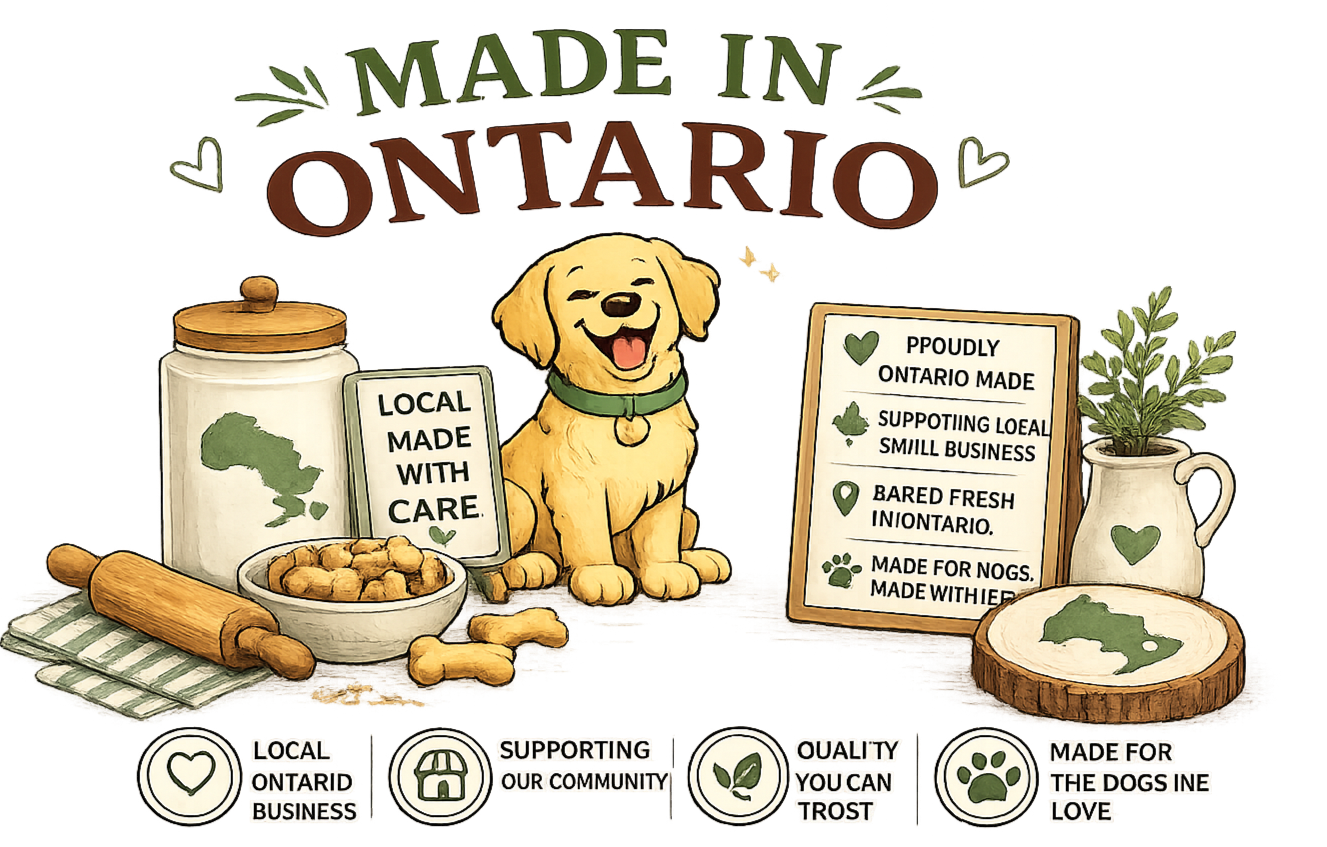 Illustration promoting Ontario-made dog treats, featuring a happy dog surrounded by jars and signs, with text emphasizing local, supportive, and high-quality attributes.