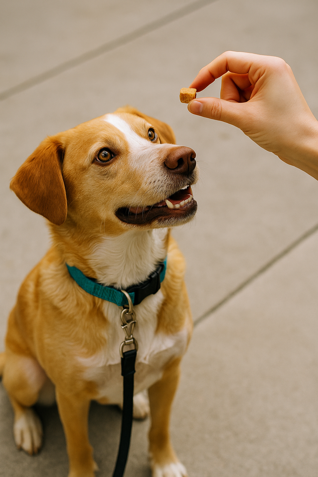 Locked in on the treat, this dog won’t move until the snack shows up — a clear sign of reward dependency when reinforcement turns into expectation.