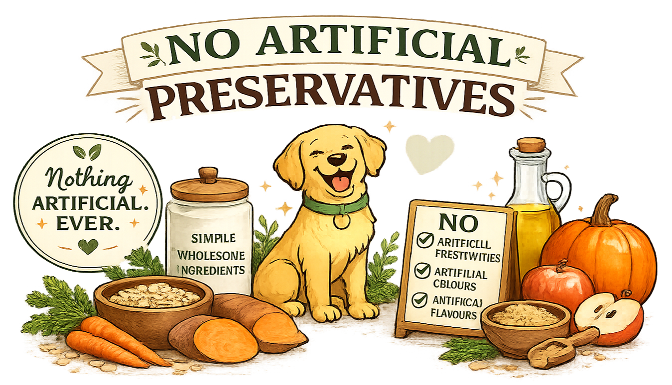 Illustration promoting natural, artificial-free ingredients, featuring a happy dog, pumpkins, carrots, sweet potatoes, a jar of simple wholesome ingredients, a bottle of oil, a bowl of oatmeal, and signs with messages about no artificial preservatives or flavors.