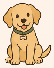 Cute cartoon drawing of a happy, sitting golden retriever puppy with a green collar and a bone-shaped tag.