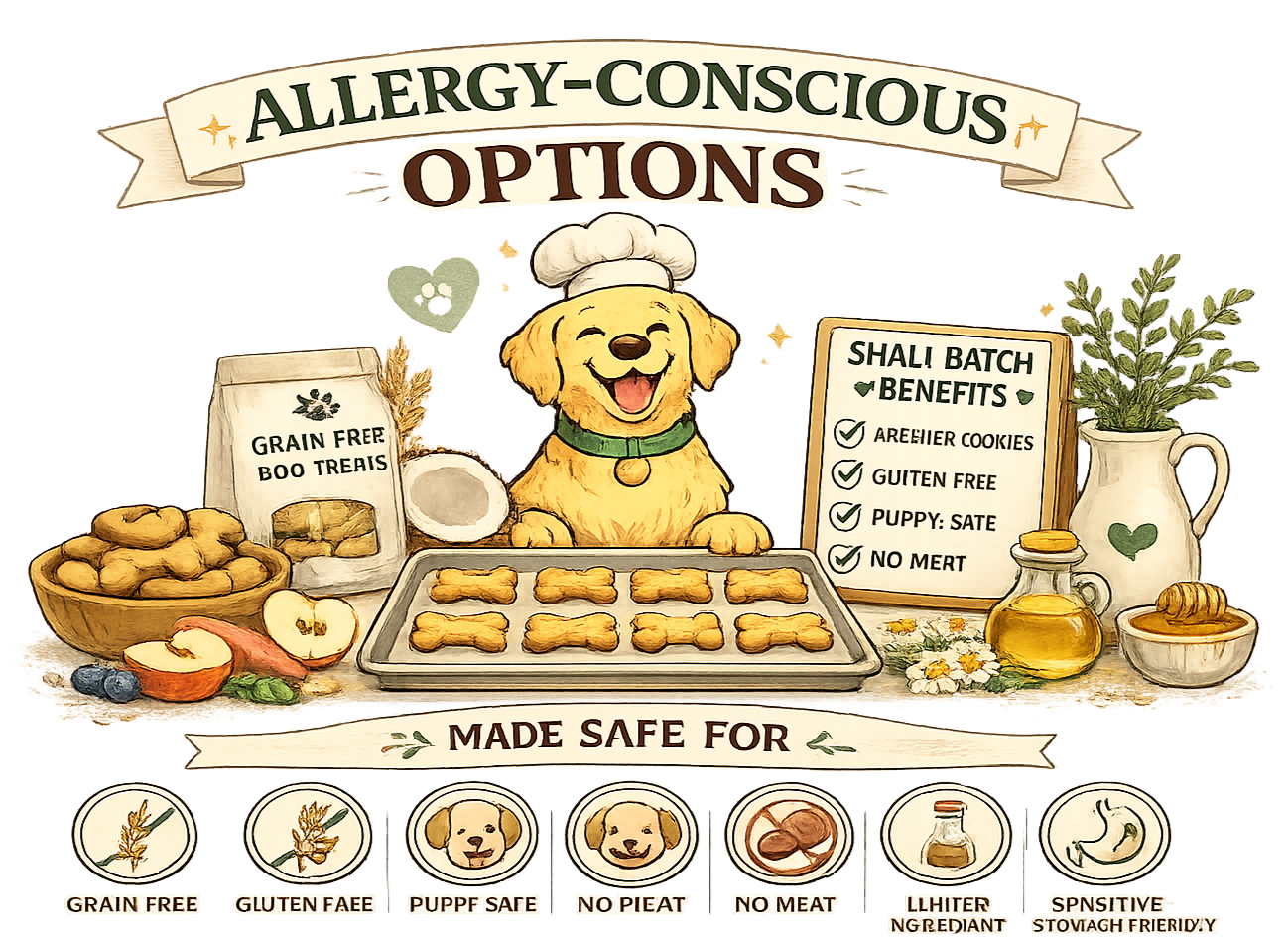 Cartoon image of allergy-conscious dog treats with baked dog biscuits, fruits, and herbs. Features a cheerful dog chef with a banner that says 'Allergy-Conscious Options.' Highlights benefits including gluten-free, puppy safe, no wheat, and no meat, with icons depicting these qualities.