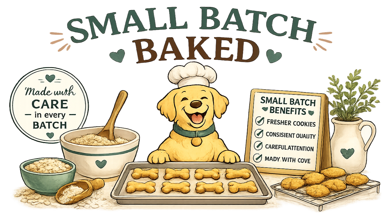 Cartoon illustration of a happy puppy wearing a chef hat, sitting behind baked dog bone cookies on a baking tray. The scene includes bowls of oats, a spoon, a potted plant, and signs highlighting small batch baking benefits like freshness, quality, and attention. The top has the text 'Small Batch Baked' with hearts, and a circular sign reads 'Made with Care in every Batch.'