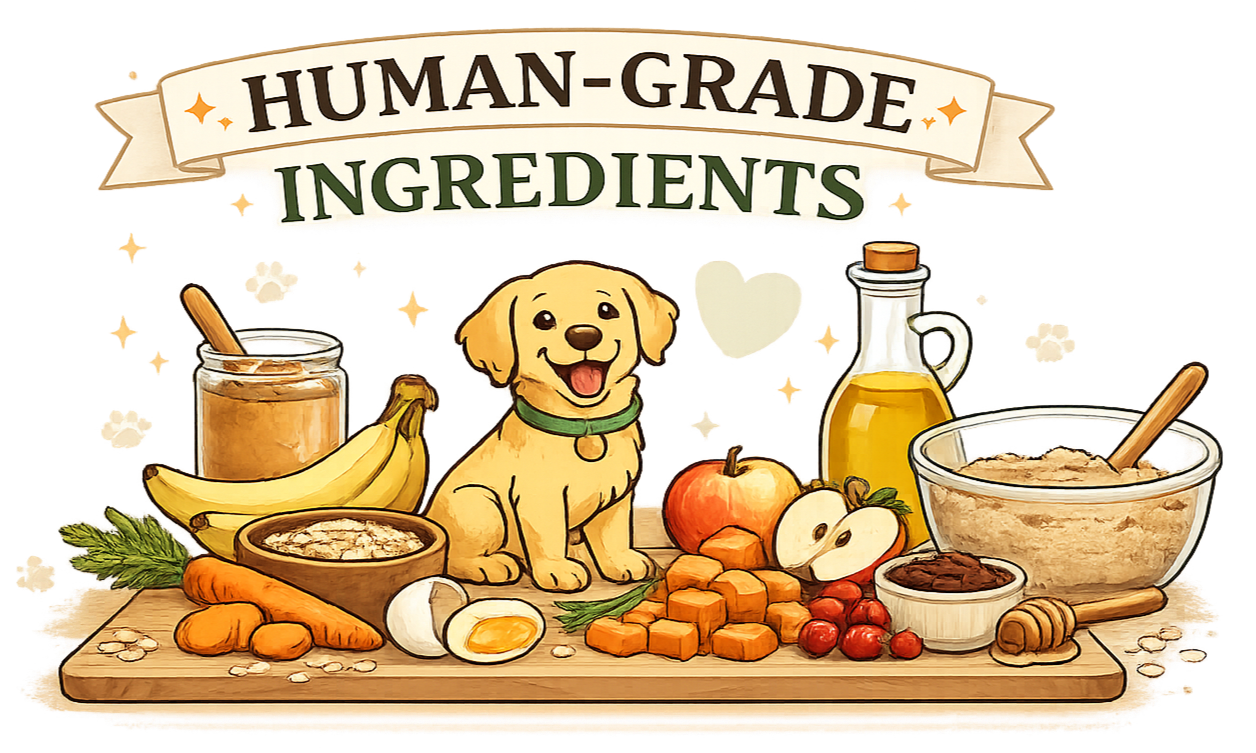 Illustration of human-grade ingredients including bananas, carrots, eggs, chopped vegetables, oatmeal, honey, apples, cherries, and honey in a bowl, with a cute happy dog in the center, and a jar of peanut butter and a bottle of oil in the background, with a banner reading "Human-Grade Ingredients" at the top.