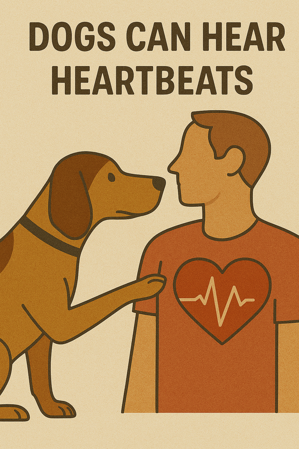 An illustration of a dog and a man facing each other, with the dog gently touching the man's shoulder. The man is wearing a red shirt with a heart and heartbeat line graphic. The text above reads 'Dogs can hear heartbeats.'
