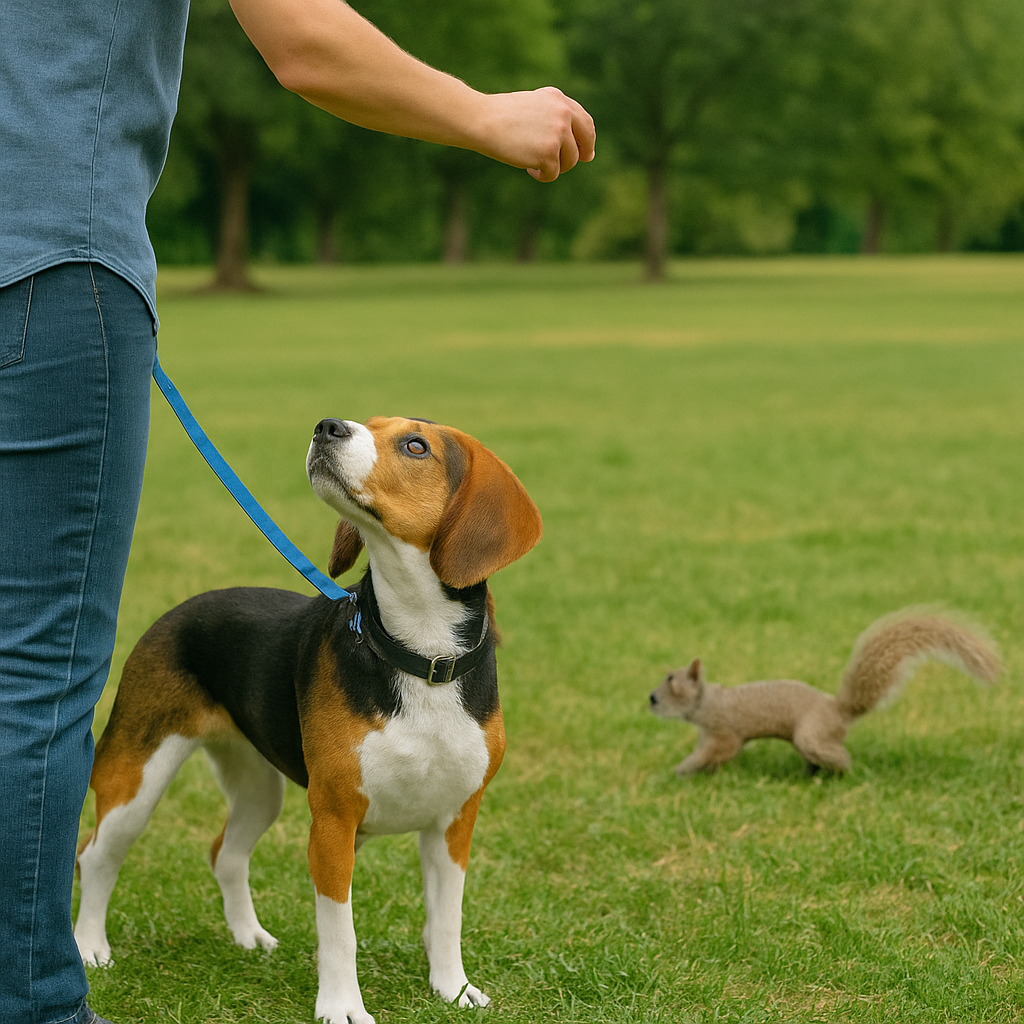 A Beagle hesitates between a treat and a darting squirrel — a real-world example of how distractions can overpower even high-value rewards.