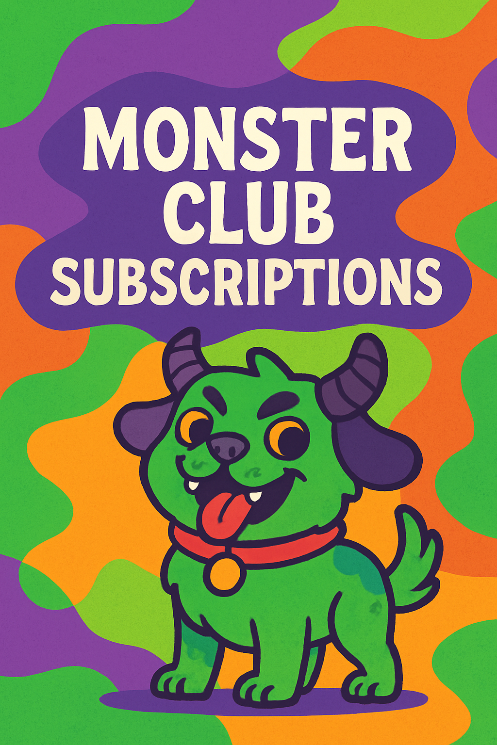 Colorful cartoon illustration of a cute green monster with horns, tongue out, and wearing a red collar with a bell, with the text 'Monster Club Subscriptions' on a purple background at the top.