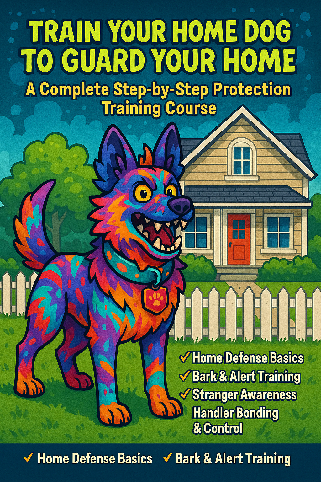 Colorful illustrated dog standing in front of a house and fence with a tree in background. The dog has blue, purple, orange, and red fur, wearing a collar with a paw print tag. Text on the cover promotes a training course for home protection and dog guarding skills.