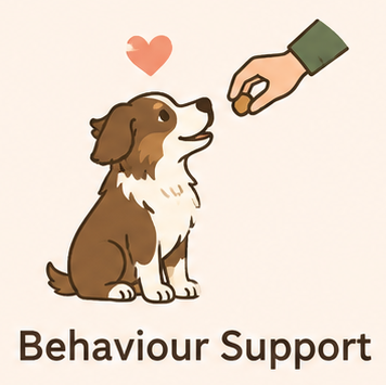 A cartoon dog sitting and looking at a hand offering a treat, with a red heart above its head, and the text 'Behaviour Support' below.