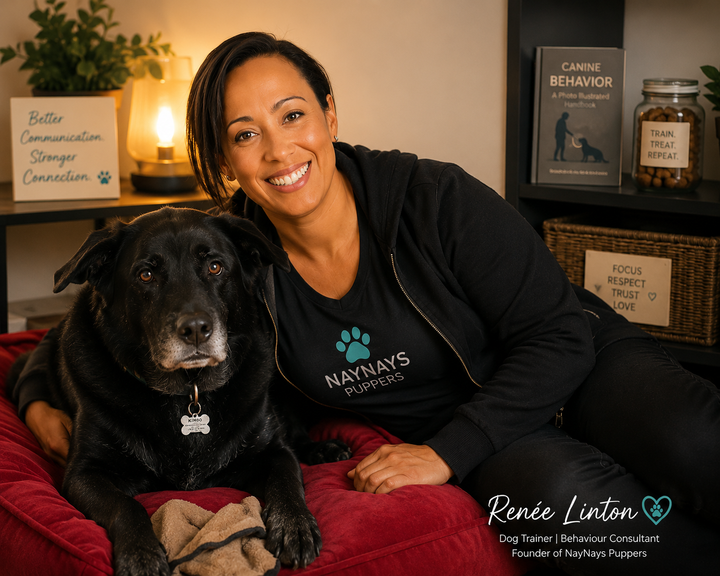 A woman smiling with a black dog on a red dog bed in a room decorated with motivational signs. The woman is wearing a black NayNays Puppers shirt and black jacket, and the dog has a tag that says Kinloo. In the background, there are books and jars on shelves with signs that read 'Better Communication, Stronger Connection,' 'Train, Treat, Repeat,' and 'Focus Respect Trust Love.'