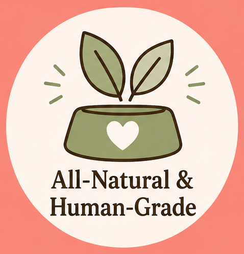 A logo featuring a potted plant with two leaves and a heart shape on the pot, surrounded by rays, with the text "All-Natural & Human-Grade."
