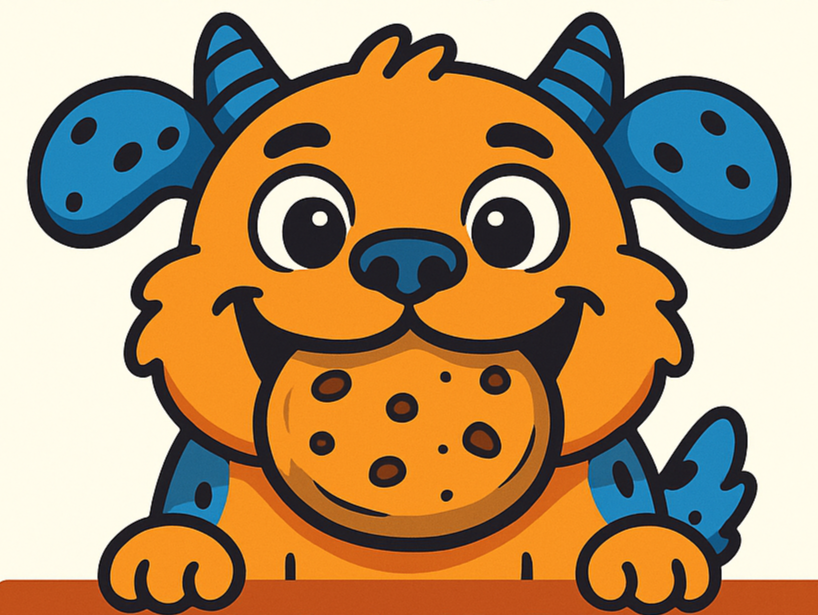 Cartoon animal character with orange fur, blue spots, and blue ears, holding a cookie, smiling cheerfully.